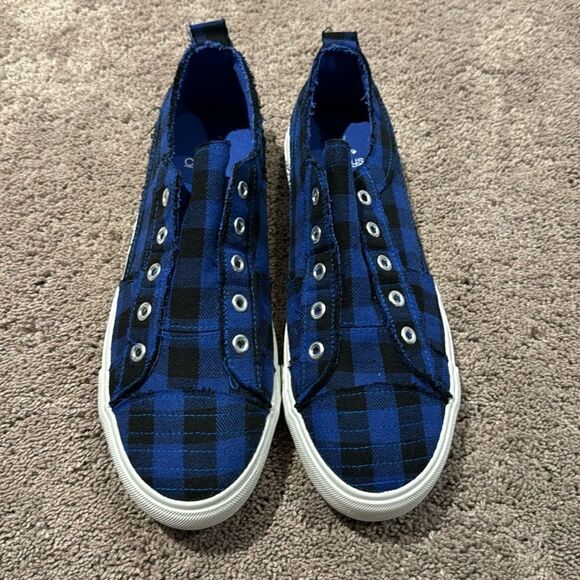 Corkys!! Size 10 ! Blue and black plaid slip on! NWOT pink bottom - Picture 1 of 7